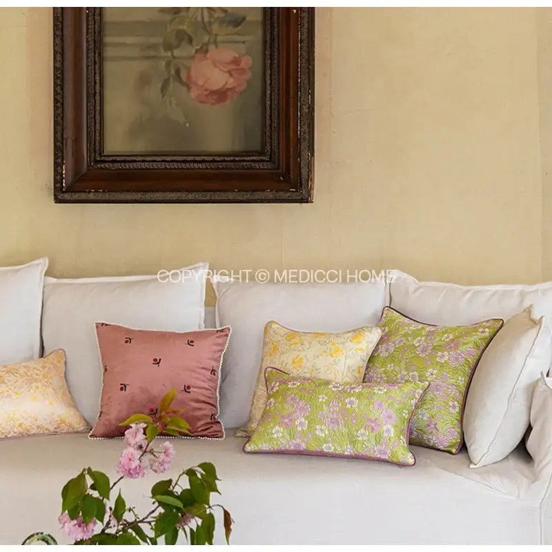 A french retro light green camellia throw pillow with soft pink satin cover embroidered motifs and piped edge decorbites contessa camellia
