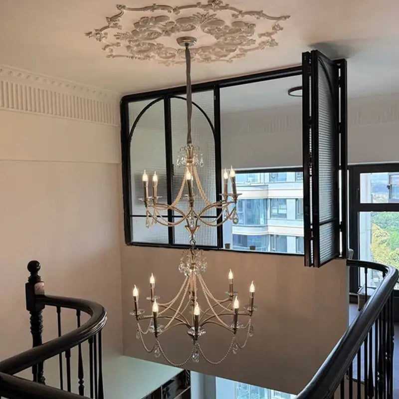 French retro pearl crystal chandelier with candle-style bulbs and antique brass finish for dining room decorbites french retro