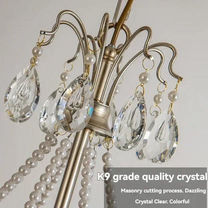 Silver-toned french retro pearl crystal chandelier with teardrop crystals and white pearls for antique brass dining room decorbites french retro