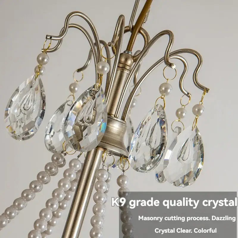 Silver-toned french retro pearl crystal chandelier with teardrop crystals and white pearls for antique brass dining room decorbites french retro
