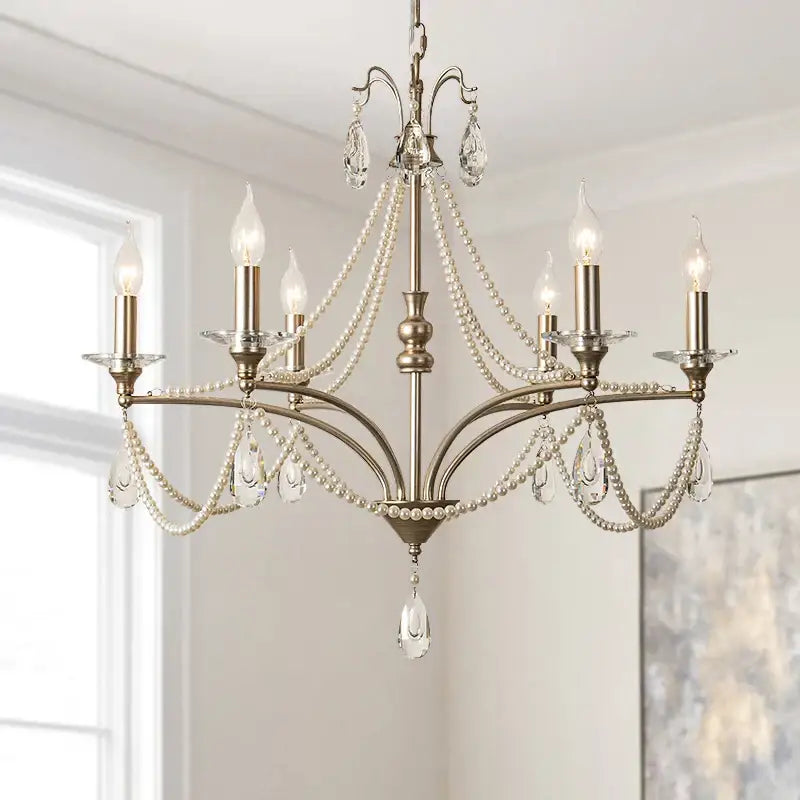 Antique brass dining room chandelier with cascading white pearls and crystal teardrops decorbites french retro pearl