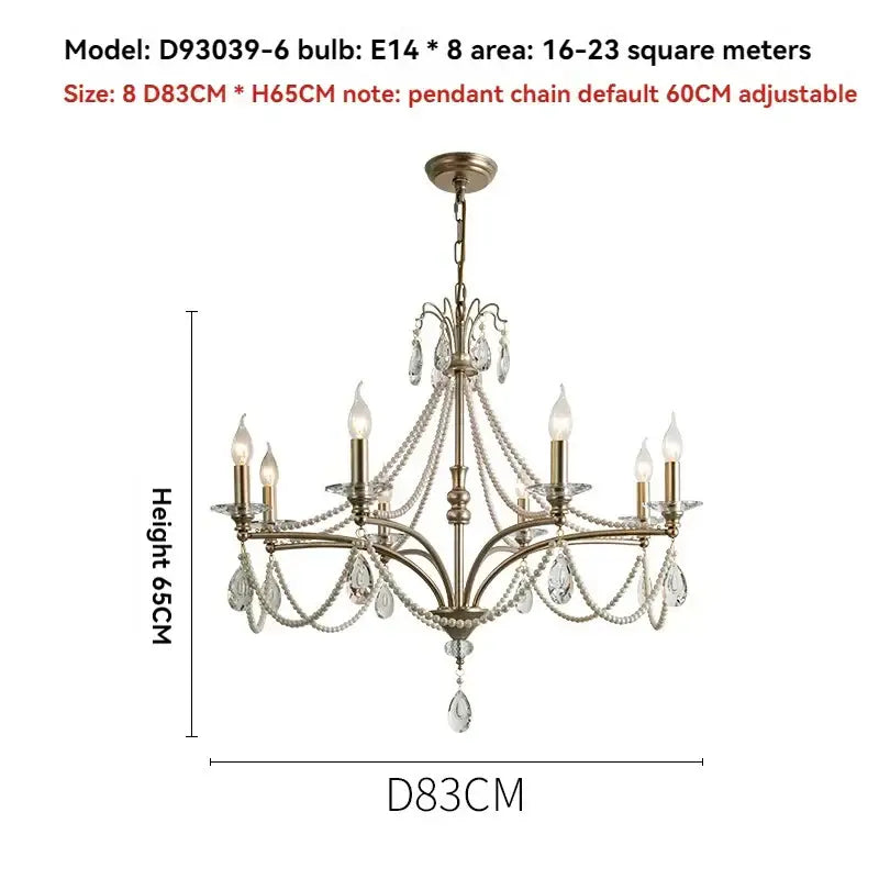 Antique brass french retro pearl crystal chandelier with six candle bulbs, crystal droplets, and beaded chains for dining room decorbites french retro