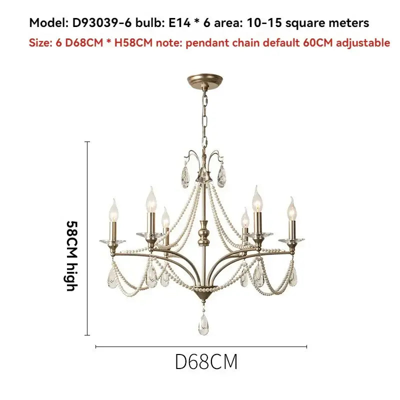 Antique brass french retro pearl crystal chandelier with six candle bulbs and beaded chains for dining room decorbites french retro