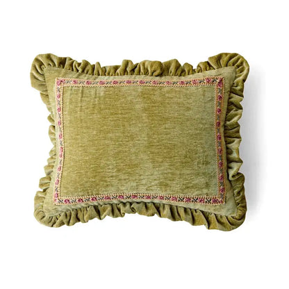 Olive green velvet decorative cushion cover with ruffled edges and pink beige embroidered border for living room