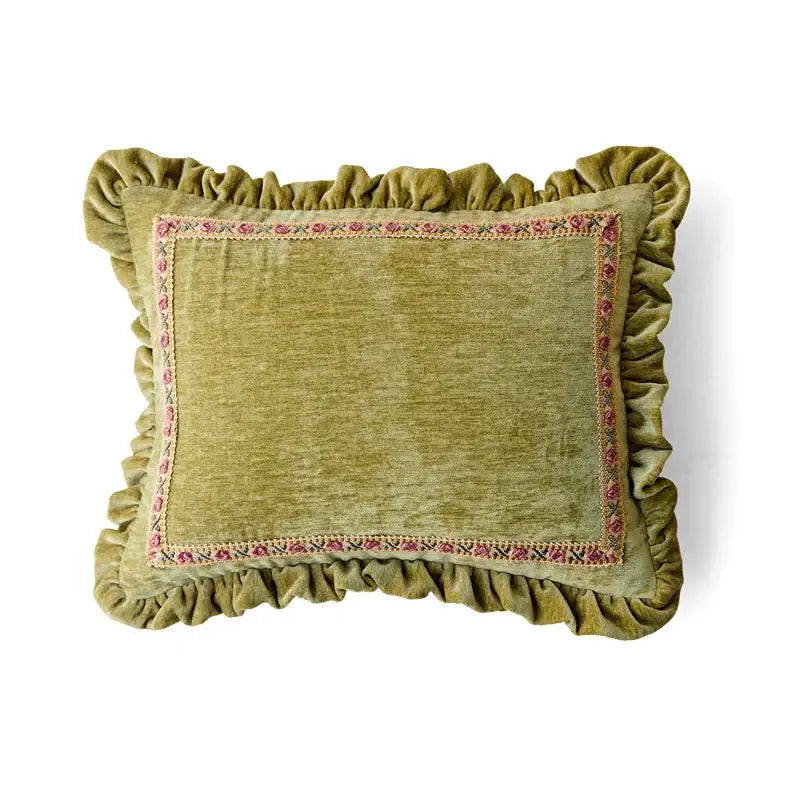 Olive green velvet decorative cushion cover with ruffled edges and pink beige embroidered border for living room