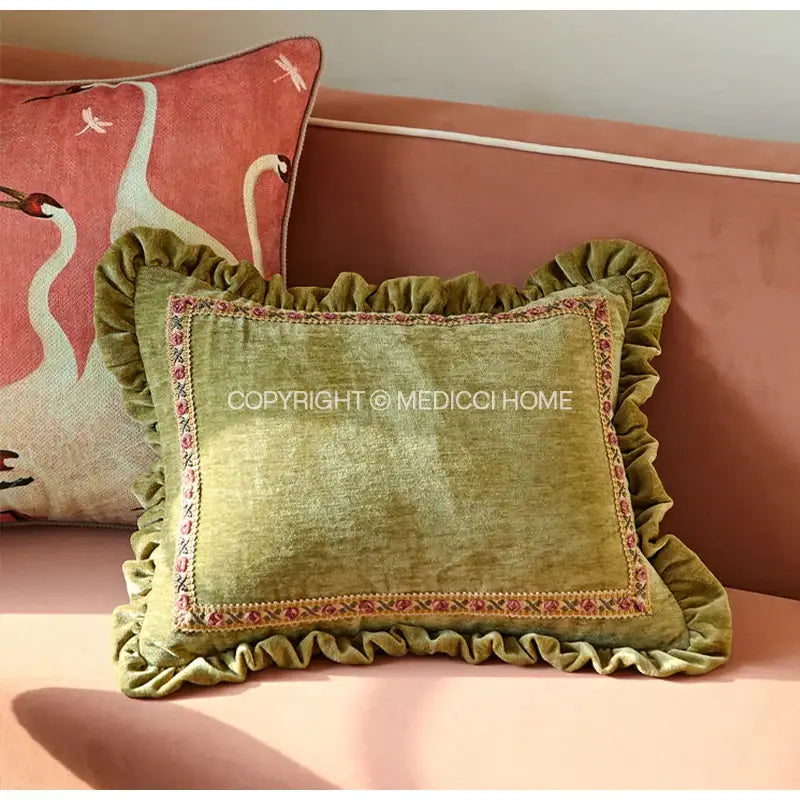 Olive green velvet decorative cushion cover with ruffled edges and embroidered border for living room use