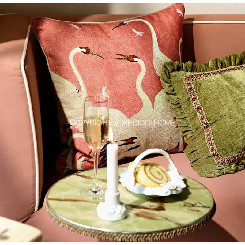 French retro pink velvet decorative cushion cover with embroidered white cranes and dragonflies for living room