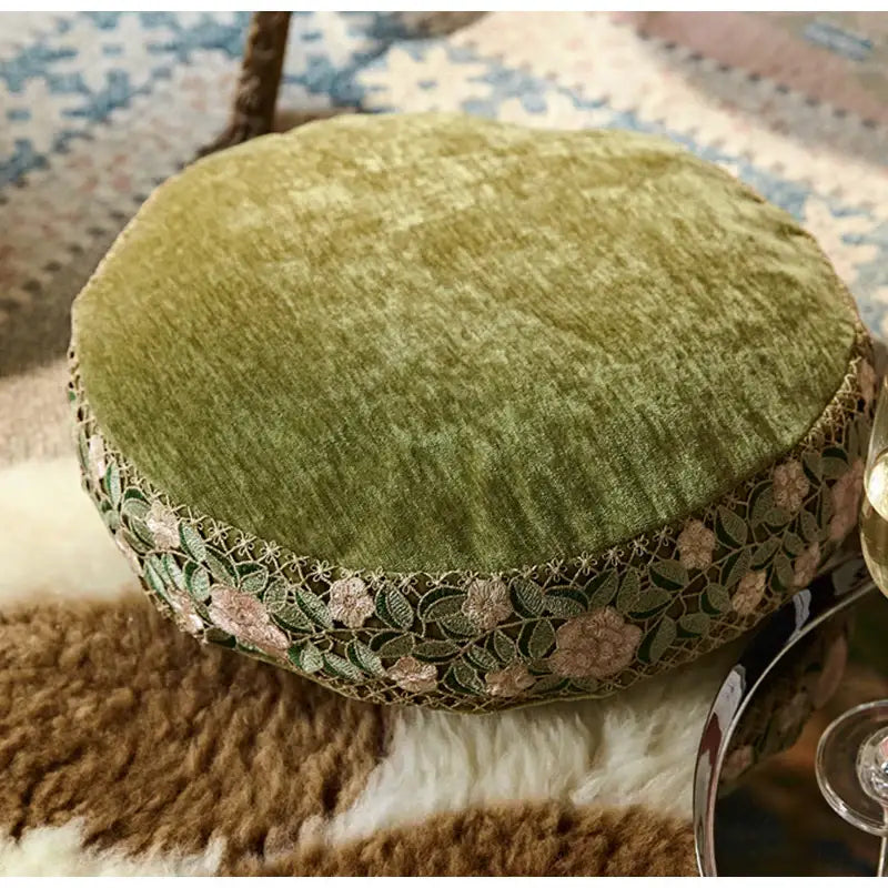 Olive green velvet decorative cushion cover with floral embroidery trim for living room use
