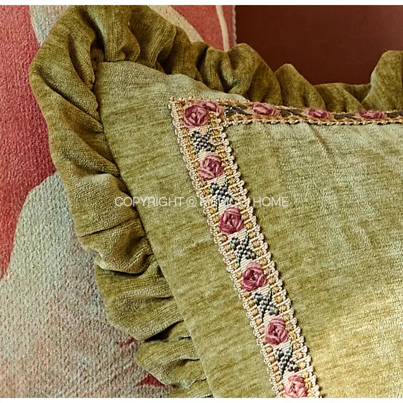 Olive green velvet decorative cushion cover with ruffled edges and embroidered pink roses for living room decor