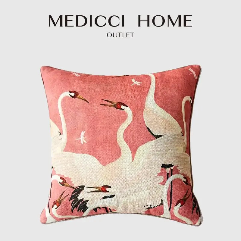Pink velvet decorative cushion cover featuring embroidered white cranes with red heads for living room use