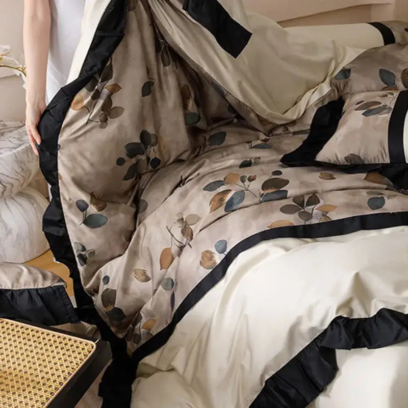 Beige and black leaf-patterned french retro rayon bedding set with ruffled edges by decorbites for bedroom decor
