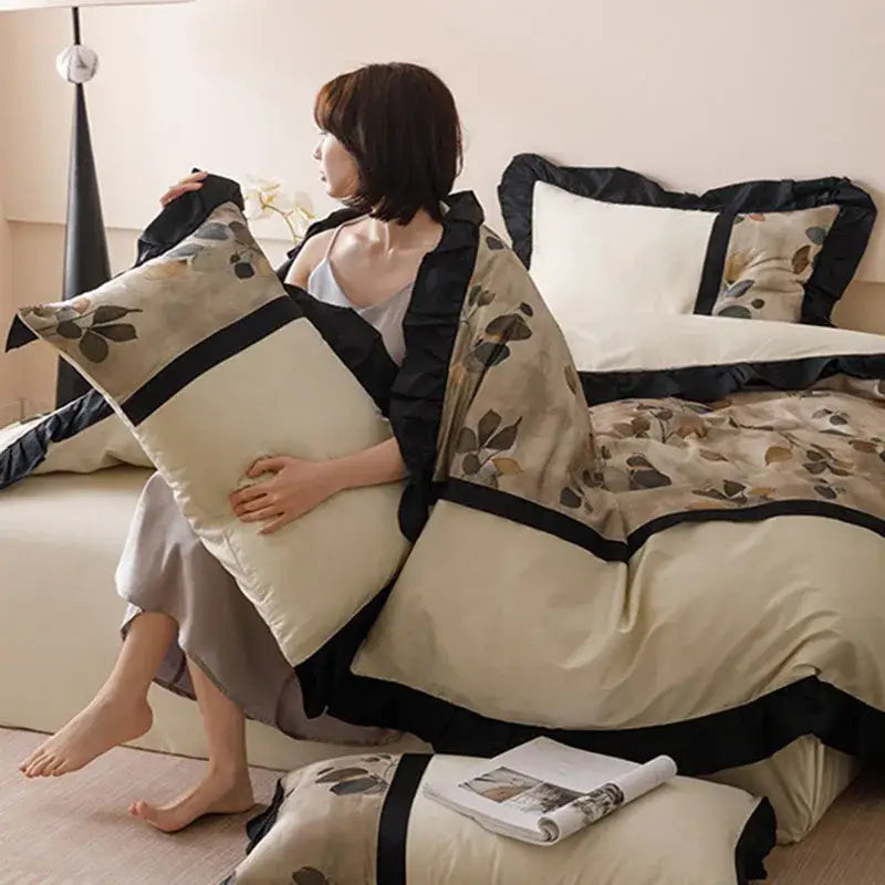 Beige and black floral bedding set with ruffled edges made of french retro rayon by decorbites for bedroom decor