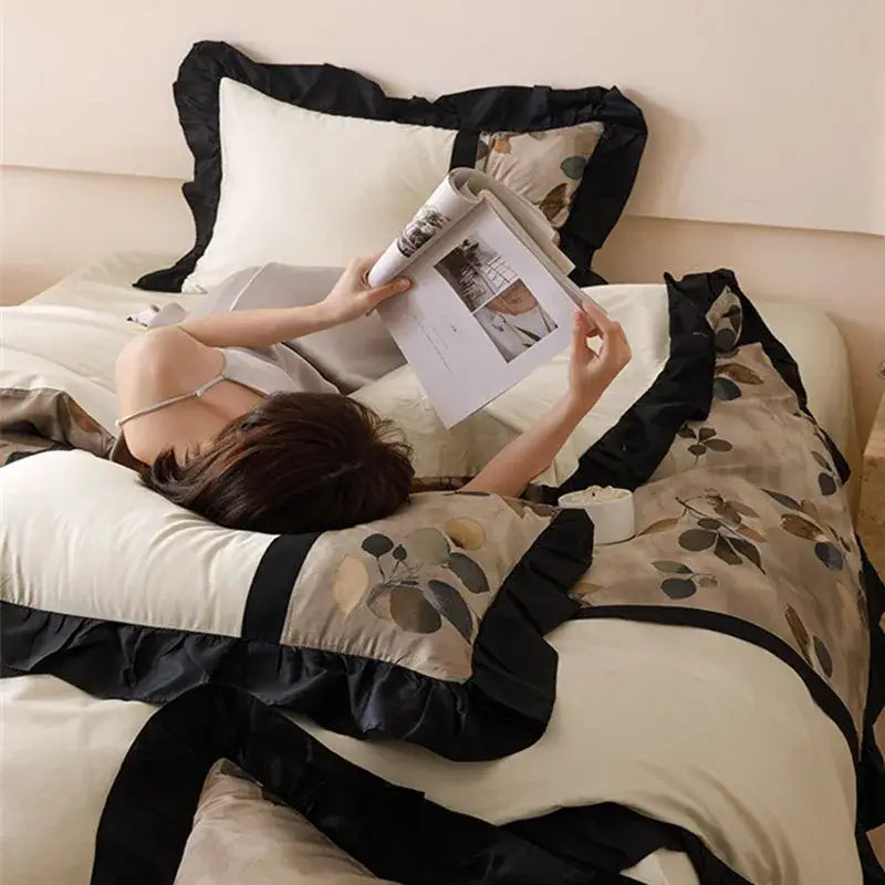 Black and beige leaf-patterned satin bedding set with ruffled edges from decorbites french retro rayon collection