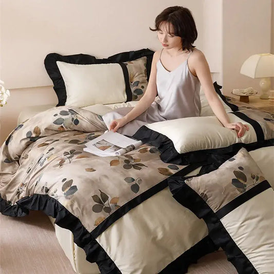 Beige and black leaf-patterned satin bedding set with ruffled edges decorbites french retro rayon duvet cover