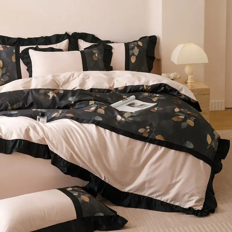 Black and cream satin bedding set with delicate leaf pattern and ruffled edges in decorbites french retro rayon design