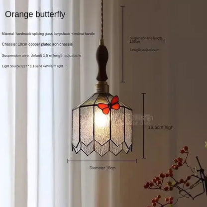 Orange decorbites butterfly chandelier with handmade splicing glass shade and walnut handle for bedroom lighting