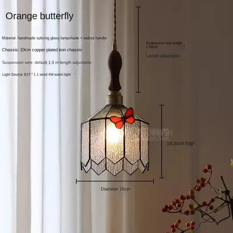 Orange decorbites butterfly chandelier with handmade splicing glass shade and walnut handle for bedroom lighting