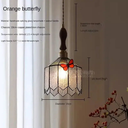 Orange decorbites butterfly chandelier with handmade splicing glass shade and walnut handle for bedroom lighting