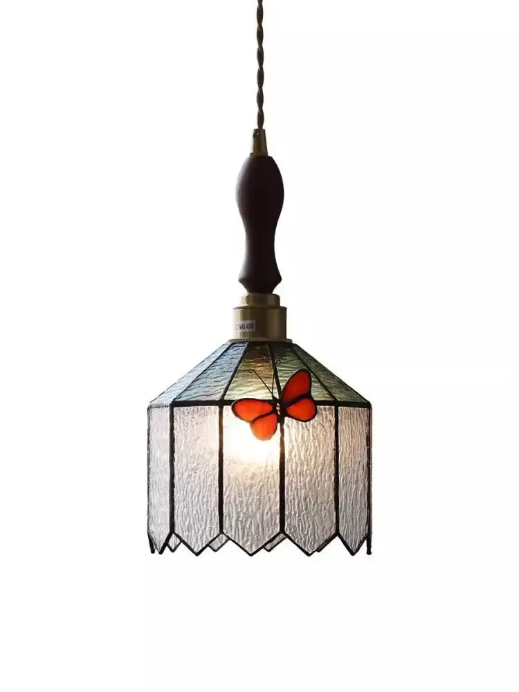 French retro stained glass decorbites butterfly chandelier with orange butterfly shade and dark wood handle bedroom light