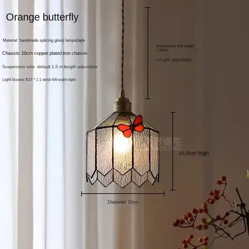 Orange butterfly pendant lamp with handmade splicing glass shade and copper iron chassis decorbites butterfly chandelier