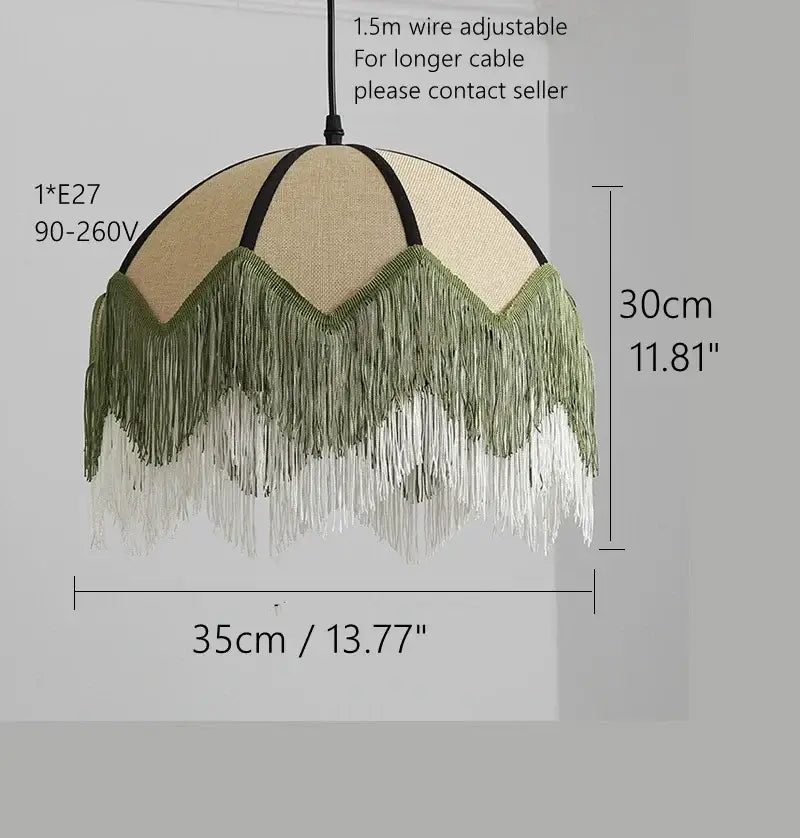 Beige and olive green fringed pendant lamp with woven fabric shade for retro style bedroom decorbites french retro