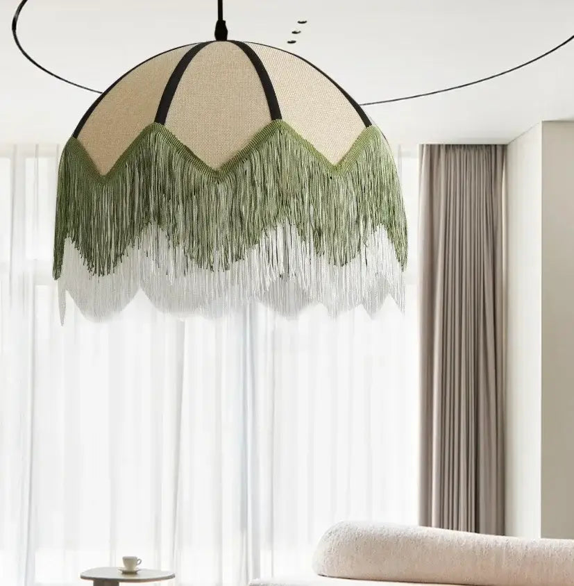 A french retro style pendant lamp with beige black woven shade and layered green white fringe for retro style bedroom decorbites french retro