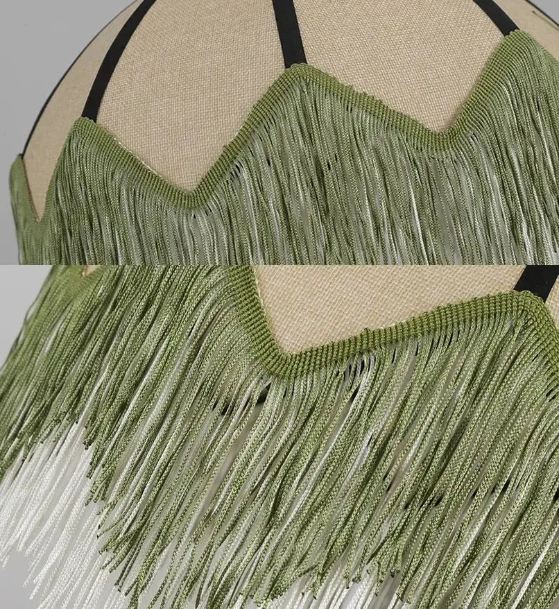 Olive green fringe top with black straps and textured woven neckline in decorbites french retro style bedroom decor