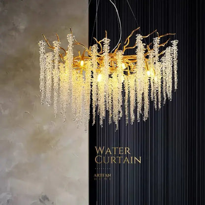 Golden crystal branch chandelier with intricate design and cascading clear droplets for elegant dining room decorbites crystal branch