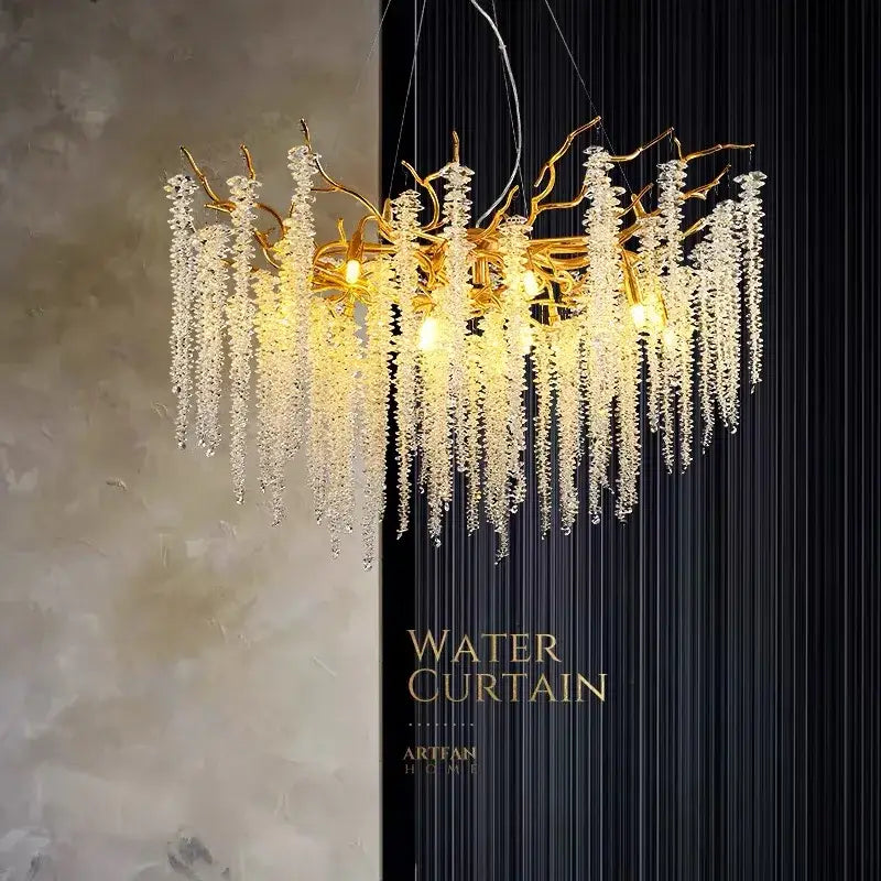 Golden crystal branch chandelier with intricate design and cascading clear droplets for elegant dining room decorbites crystal branch