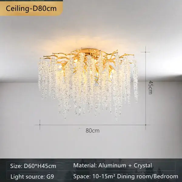 Gold-toned decorbites crystal branch chandelier with aluminum frame and cascading crystal droplets for dining room decor