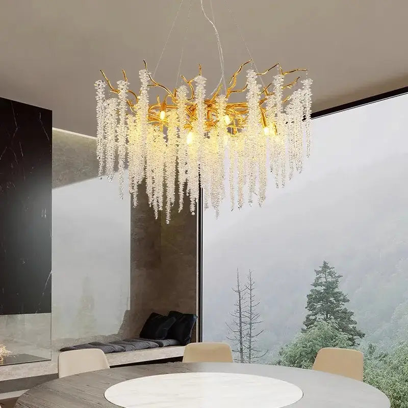 French romantic gold crystal branch chandelier featuring golden antler design with cascading clear crystal droplets decorbites crystal branch