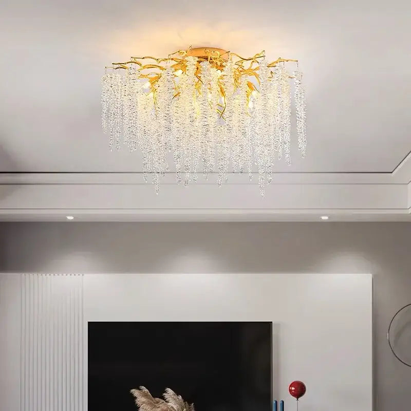 Golden decorbites crystal branch chandelier with cascading clear crystal droplets for elegant dining room decor