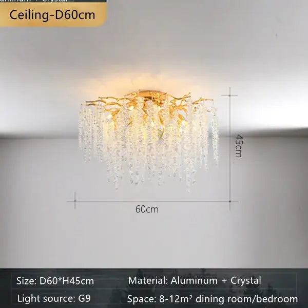 Gold-toned french romantic crystal branch chandelier with cascading droplets and aluminum frame by decorbites crystal branch