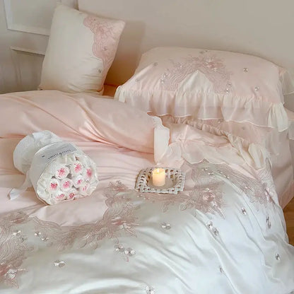 Pink satin bedding set with lace ruffles and delicate floral embroidery for decorbites french romantic bedroom decor