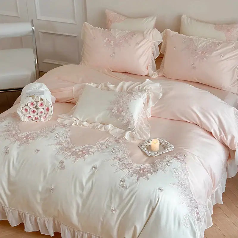 Pastel pink satin bedding set with delicate floral embroidery and lace ruffles for decorbites french romantic decor
