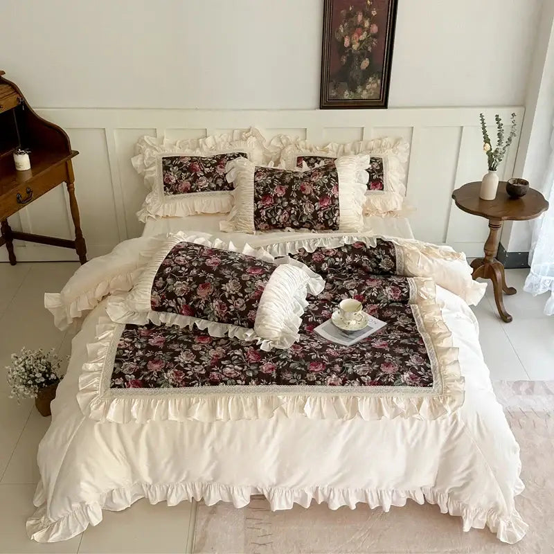 Cream-colored cotton bedding set with ruffled edges dark floral pattern and lace trim from decorbites french rose flowers