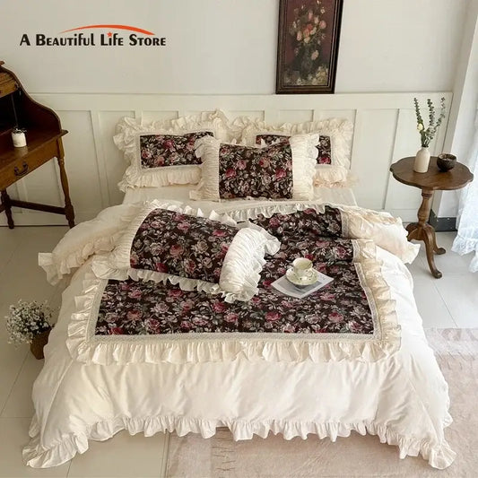 Cream-colored french rose flowers bedding set with ruffled cotton and lace trim by decorbites french rose