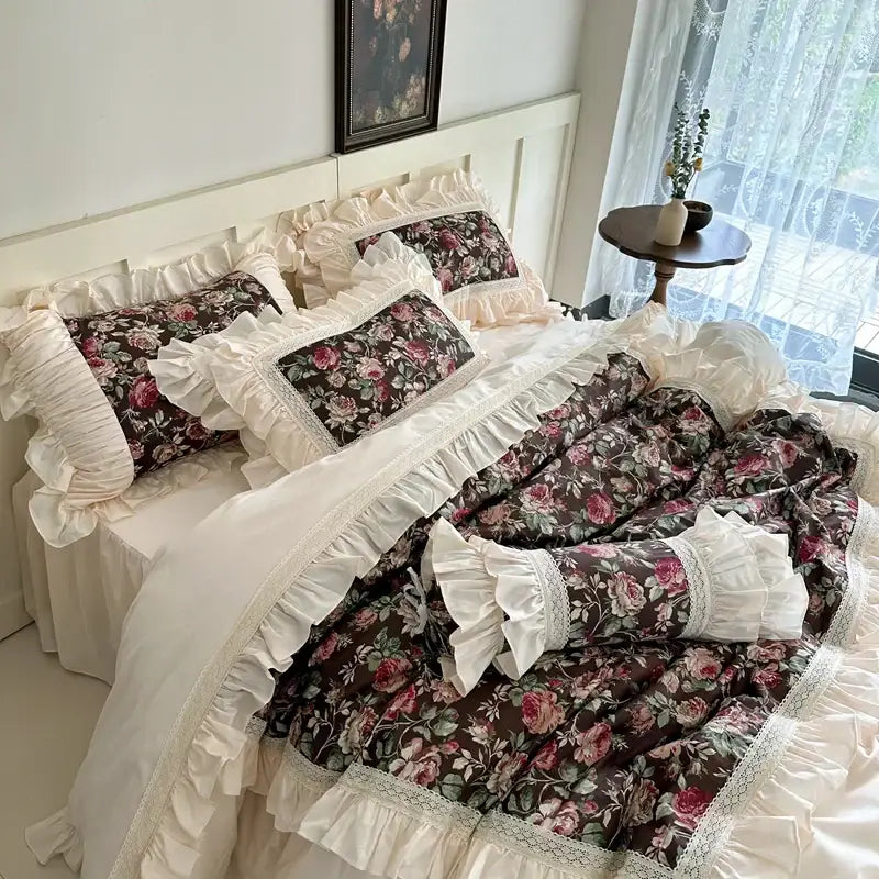 Elegant decorbites french rose bedding set with floral pattern, cream ruffled cotton lace, and dark brown base fabric