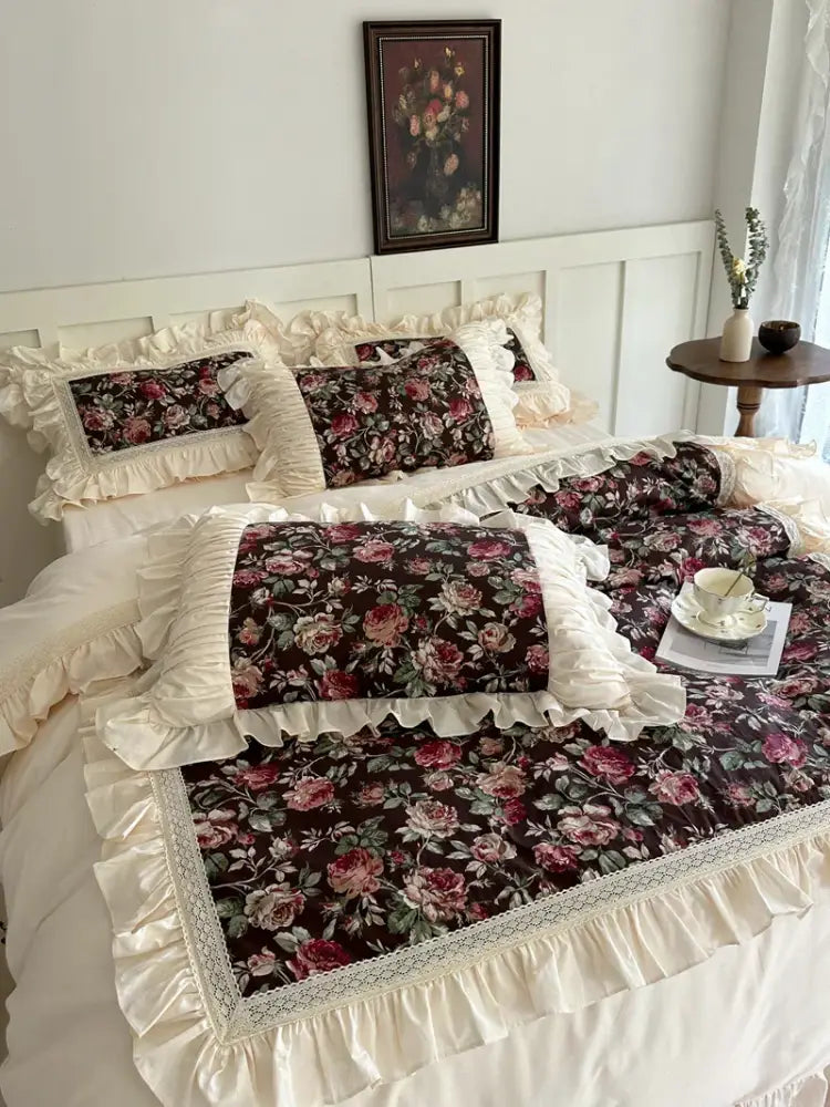 Elegant dark brown floral bedding set with cream ruffled cotton lace edges featuring decorbites french rose flowers design