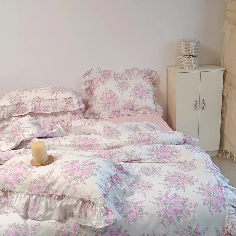 Pink and white floral ruffled cotton bedding set with delicate lace trim featuring french rose flowers print