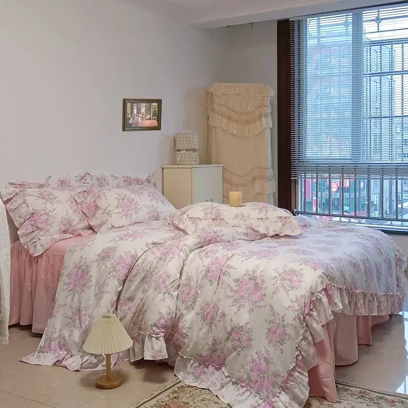 Pink floral bedding set with ruffled edges satin-like fabric featuring french rose flowers print cotton material