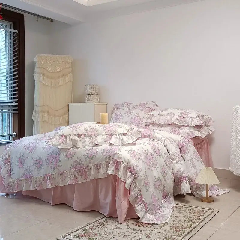 Pink and white ruffled satin-like fabric bedding set with french rose flowers print for elegant bedroom decor