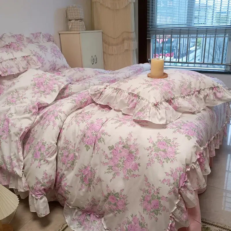Pink floral ruffled cotton bedding set with french rose flowers print and soft vintage-inspired design for bedroom