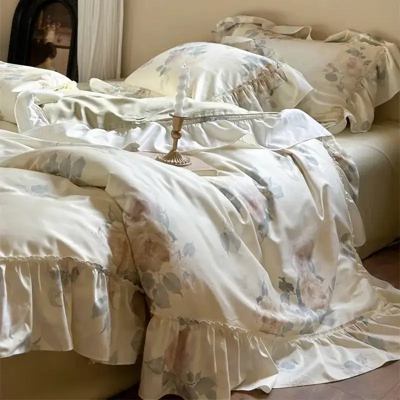 Cream-colored satin bedding set with delicate french rose flowers print and ruffled edges for bedroom decorbites decor