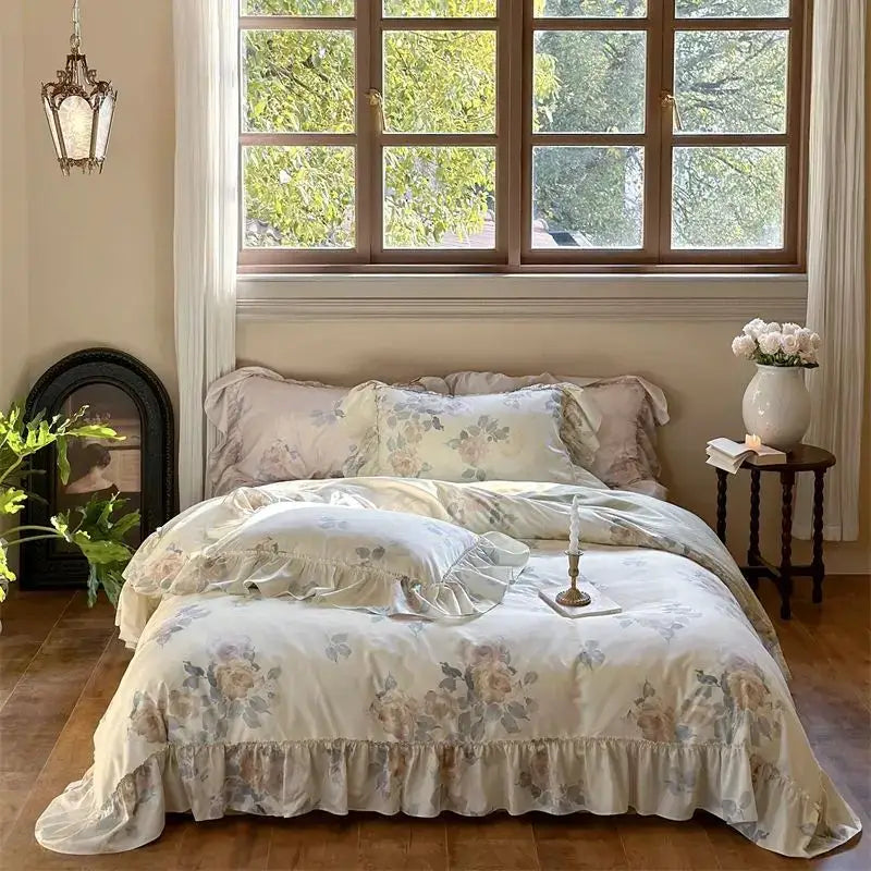 Cream-colored french rose flowers bedding set with ruffled edges and soft vintage-inspired fabric by decorbites french rose