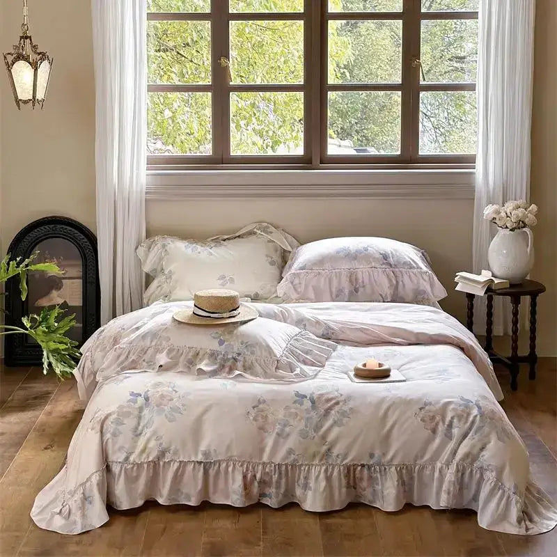 A soft pastel pastel floral bedding set with delicate ruffled edges featuring french rose flowers decorbites french rose design