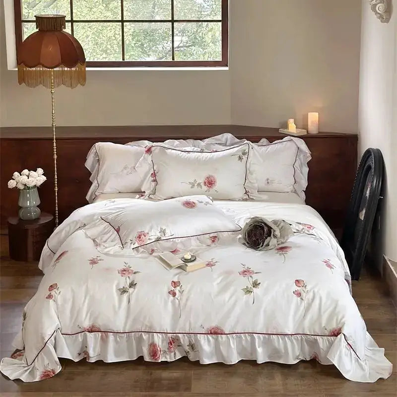 White floral bedding set with ruffled edges and delicate pink embroidery from decorbites french rose flowers collection