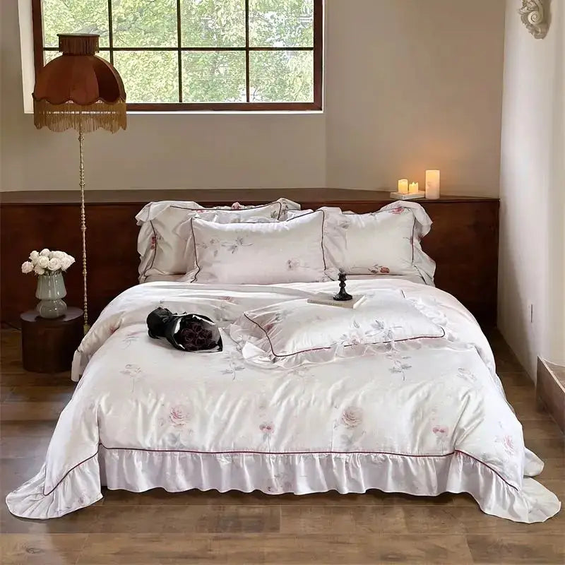 White satin bedding set with delicate pink french rose flowers embroidery and ruffled edges for decorbites french rose decor