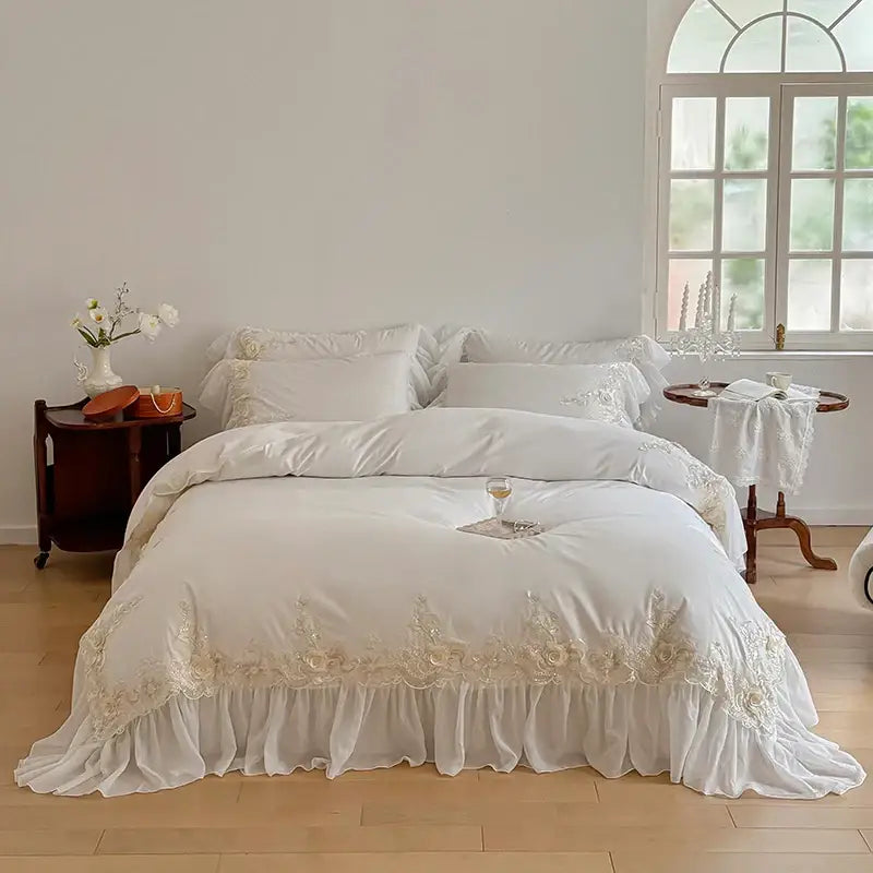 White satin lace bedding set with french rose flowers floral embroidery and ruffled edges decorbites french rose
