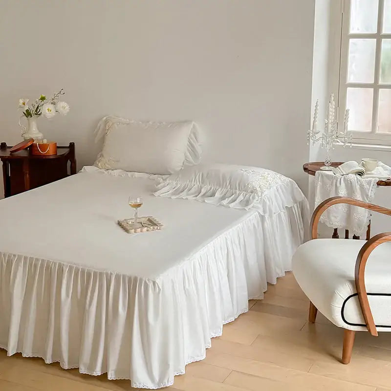 White ruffled bed skirt with lace trim from decorbites french rose flowers white satin lace bedding set for elegant bedroom decor